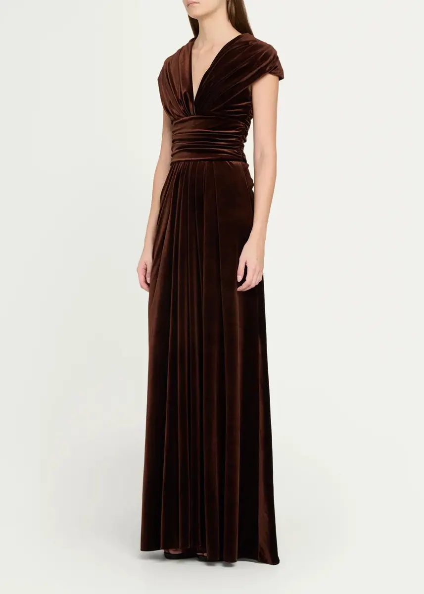 MONIQUE LHUILLIER V-Neck Gathered Stretch Velour Column Gown | Thumbnail 4 MONIQUE LHUILLIER V-Neck Gathered Stretch Velour Column Gown | Thumbnail 4