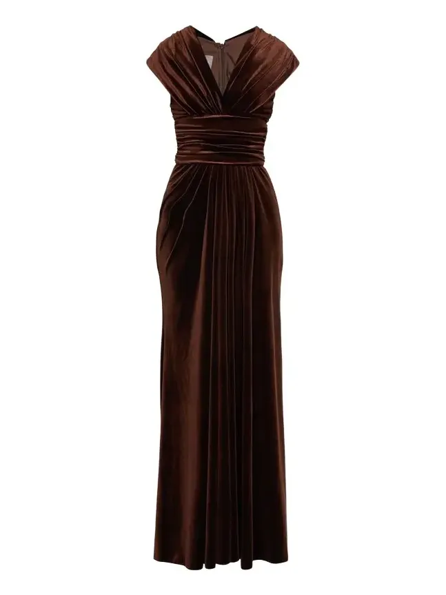 V-Neck Gathered Stretch Velour Column Gown