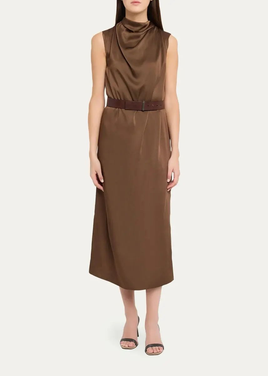 Brunello Cucinelli Cowl-Neck Fluid Satin Cady Sleeveless Belted Midi Dress | Thumbnail 2 Brunello Cucinelli Cowl-Neck Fluid Satin Cady Sleeveless Belted Midi Dress | Thumbnail 2