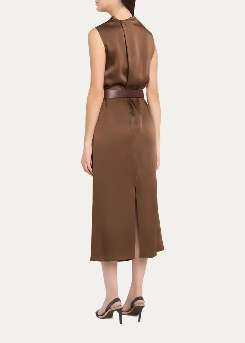 Brunello Cucinelli Cowl-Neck Fluid Satin Cady Sleeveless Belted Midi Dress | Thumbnail 3 Brunello Cucinelli Cowl-Neck Fluid Satin Cady Sleeveless Belted Midi Dress | Thumbnail 3
