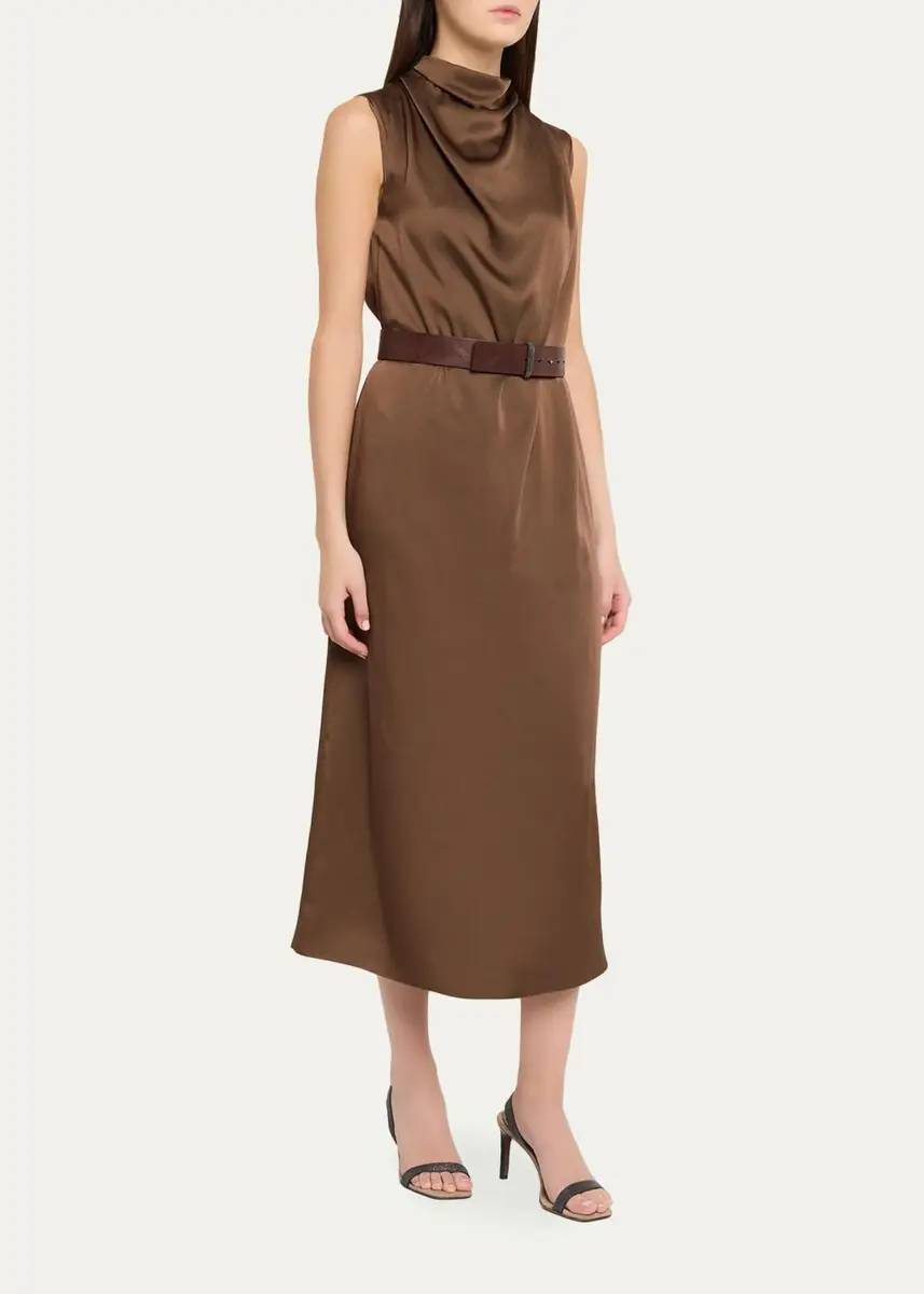 Brunello Cucinelli Cowl-Neck Fluid Satin Cady Sleeveless Belted Midi Dress | Thumbnail 4 Brunello Cucinelli Cowl-Neck Fluid Satin Cady Sleeveless Belted Midi Dress | Thumbnail 4