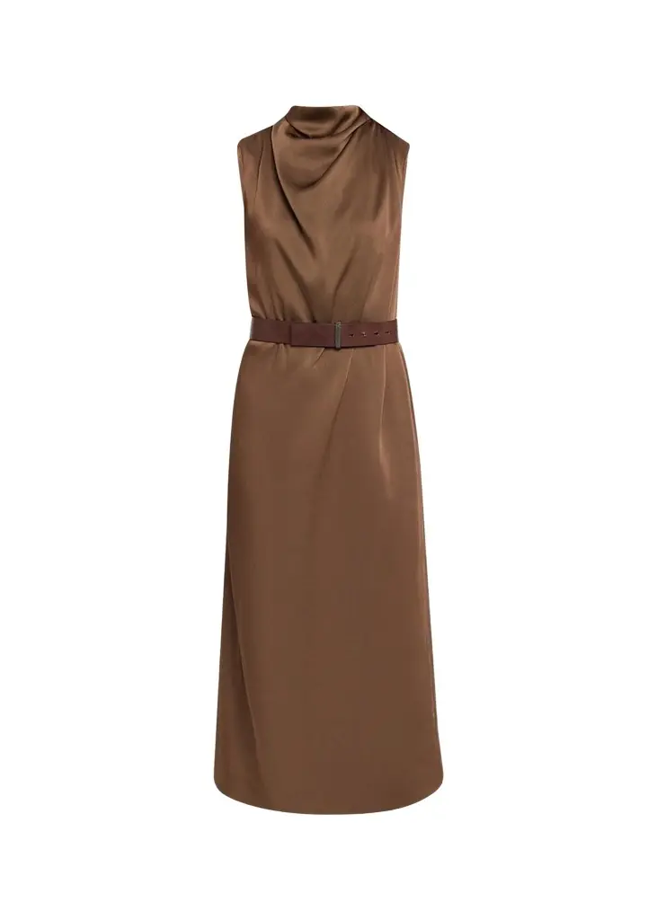 Brunello Cucinelli Cowl-Neck Fluid Satin Cady Sleeveless Belted Midi Dress