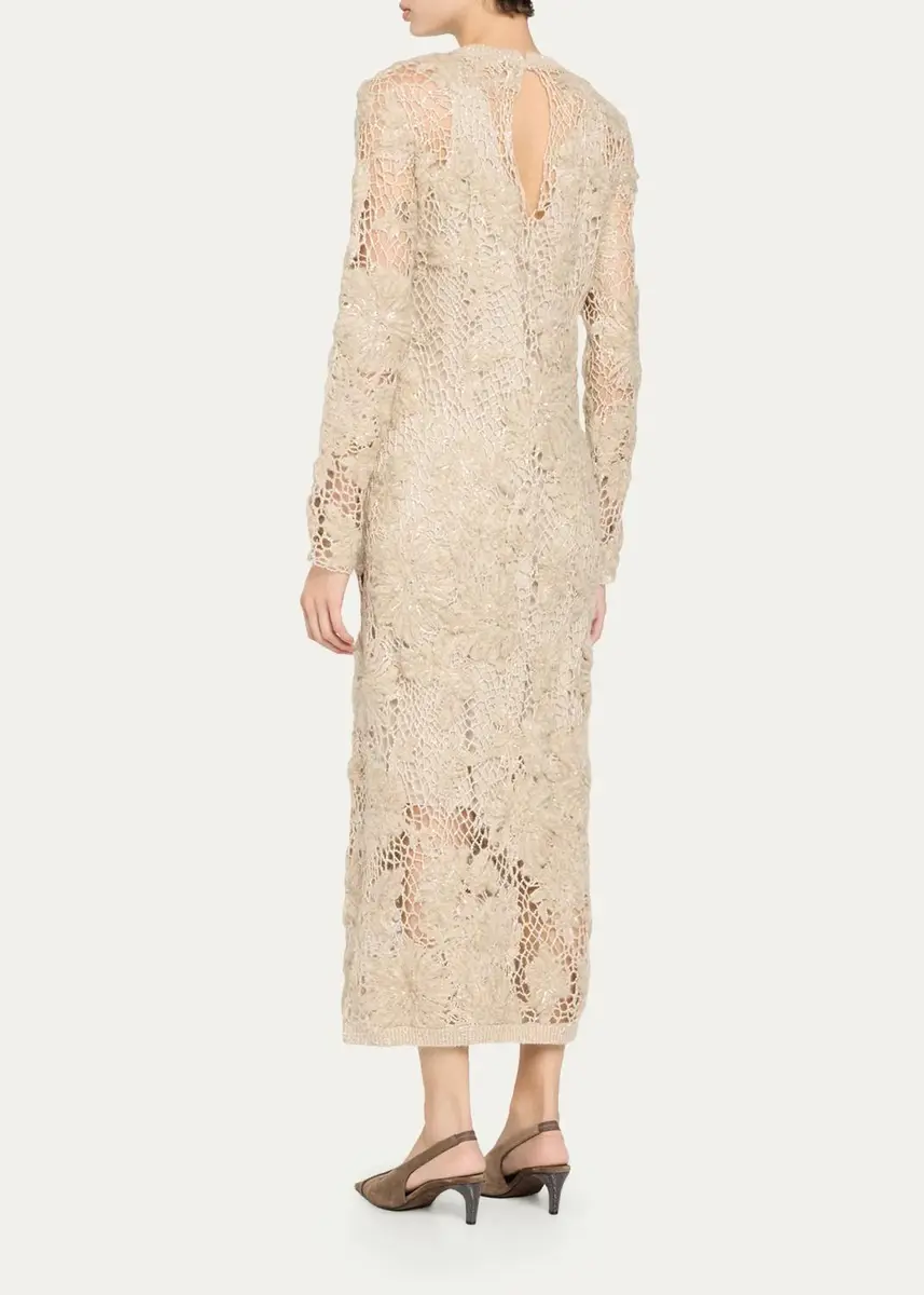 Brunello Cucinelli Mohair Sparkling Floral Embroidered Mesh Dress | Thumbnail 3
