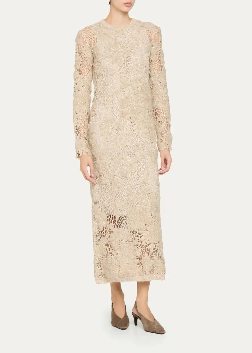Brunello Cucinelli Mohair Sparkling Floral Embroidered Mesh Dress | Thumbnail 4
