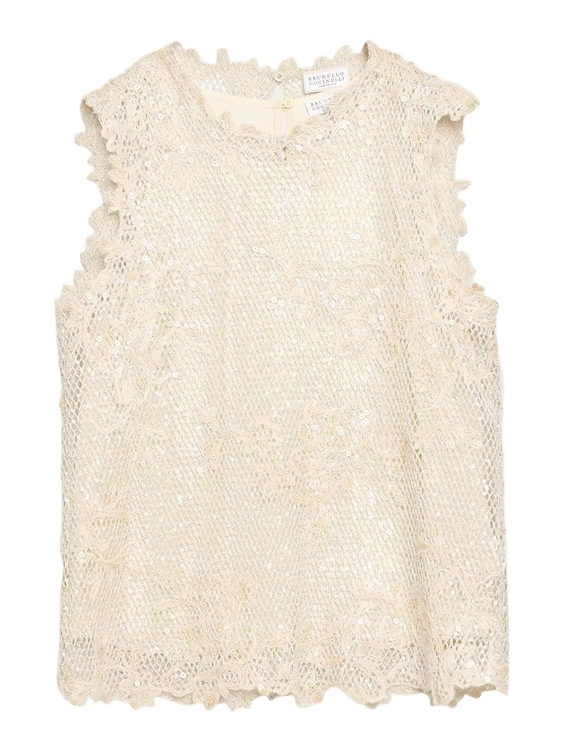 Brunello Cucinelli Mohair Lace Embroidered Shimmering Net Sleeveless Top