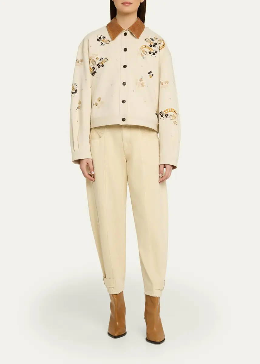 Isabel Marant Lavine Embroidered Cotton Leather-Collar Barn Jacket | Thumbnail 2 Isabel Marant Lavine Embroidered Cotton Leather-Collar Barn Jacket | Thumbnail 2