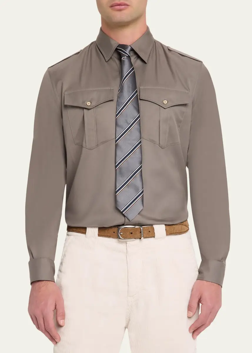 Brunello Cucinelli Men's Cotton Military Button-Down Shirt | Thumbnail 4 Brunello Cucinelli Men's Cotton Military Button-Down Shirt | Thumbnail 4