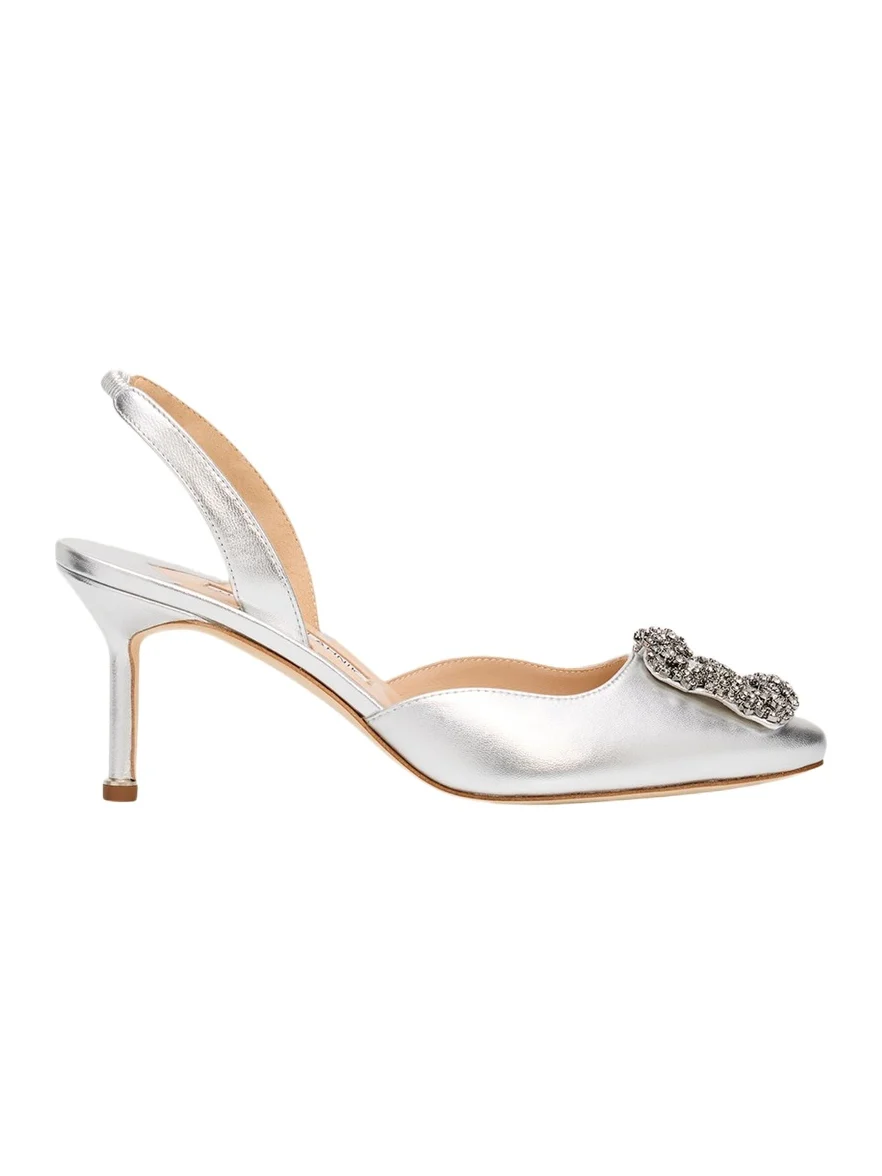 Manolo Blahnik 70mm Hangisli Metallic Leather Slingback Pumps with Crystal Buckle
