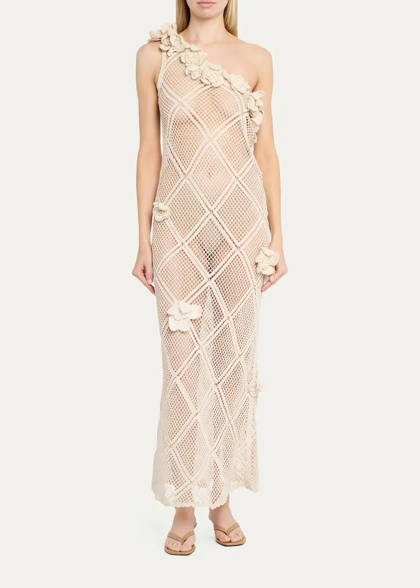 JW Anderson Floral Crochet One-Shoulder Net Knit Ankle Dress | Thumbnail 2