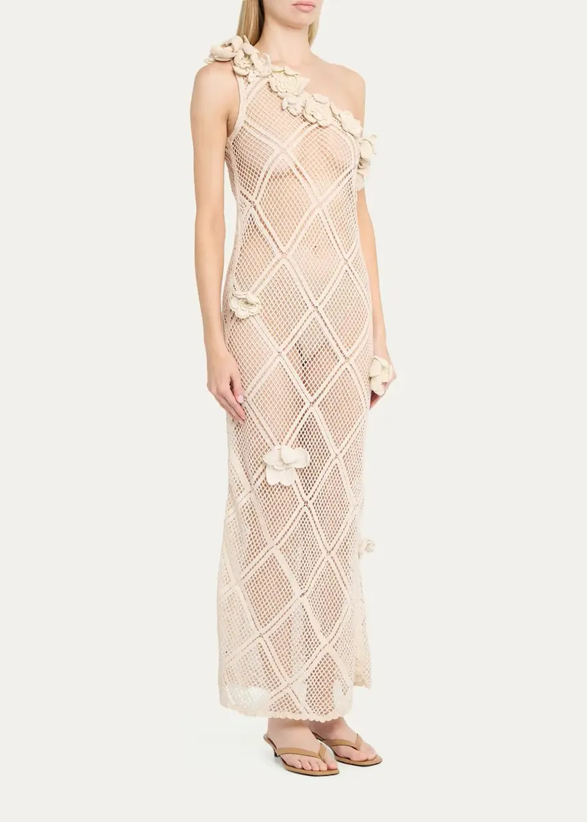 JW Anderson Floral Crochet One-Shoulder Net Knit Ankle Dress | Thumbnail 4