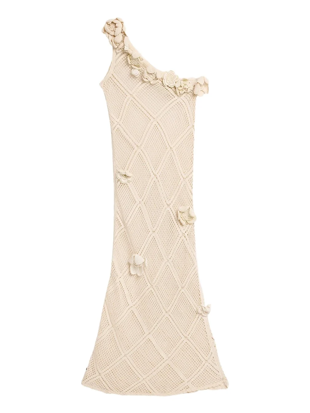 Floral Crochet One-Shoulder Net Knit Ankle Dress