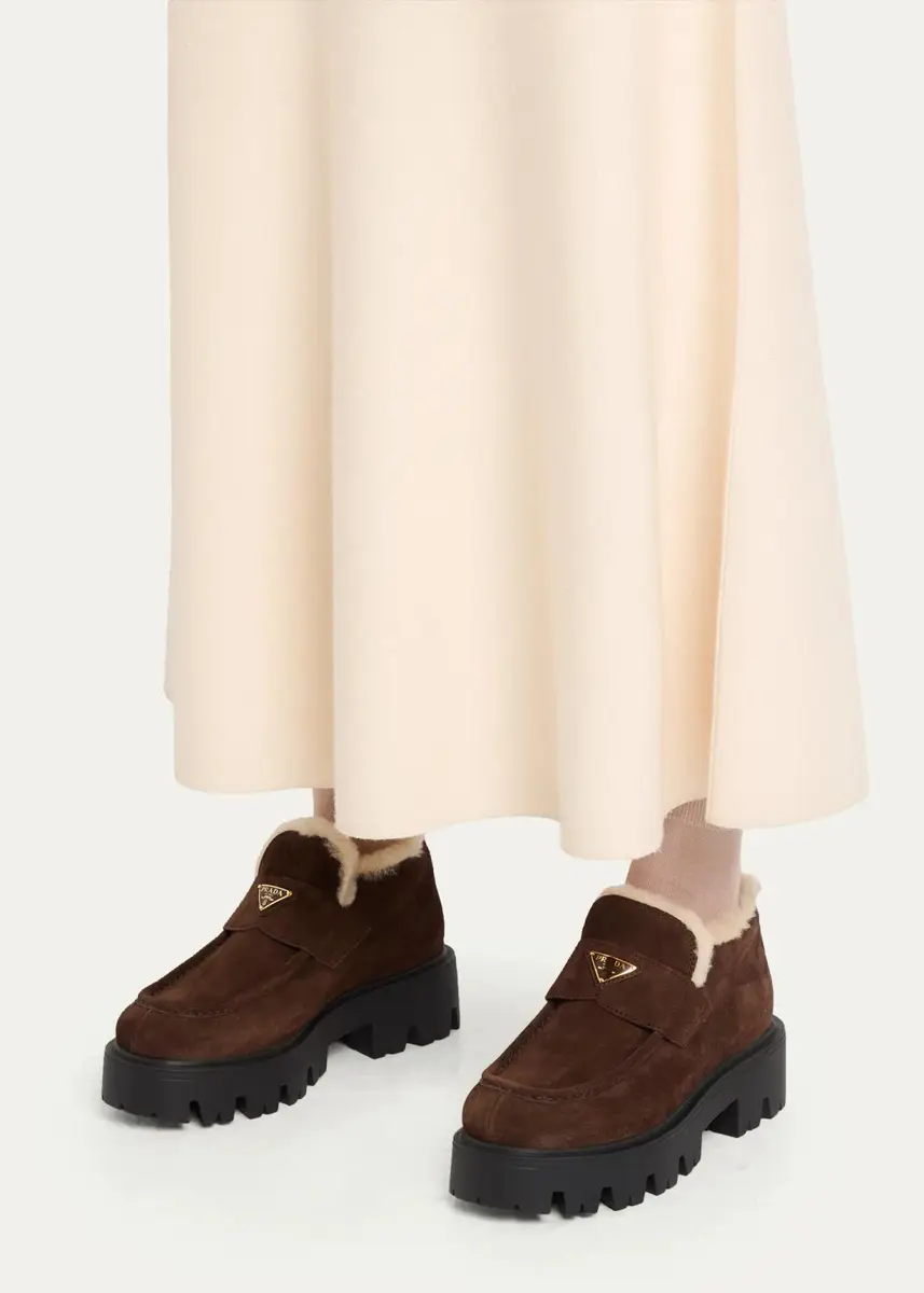 Prada 50mm Triangle Logo Shearling-Lined Suede Loafers | Thumbnail 2 Prada 50mm Triangle Logo Shearling-Lined Suede Loafers | Thumbnail 2