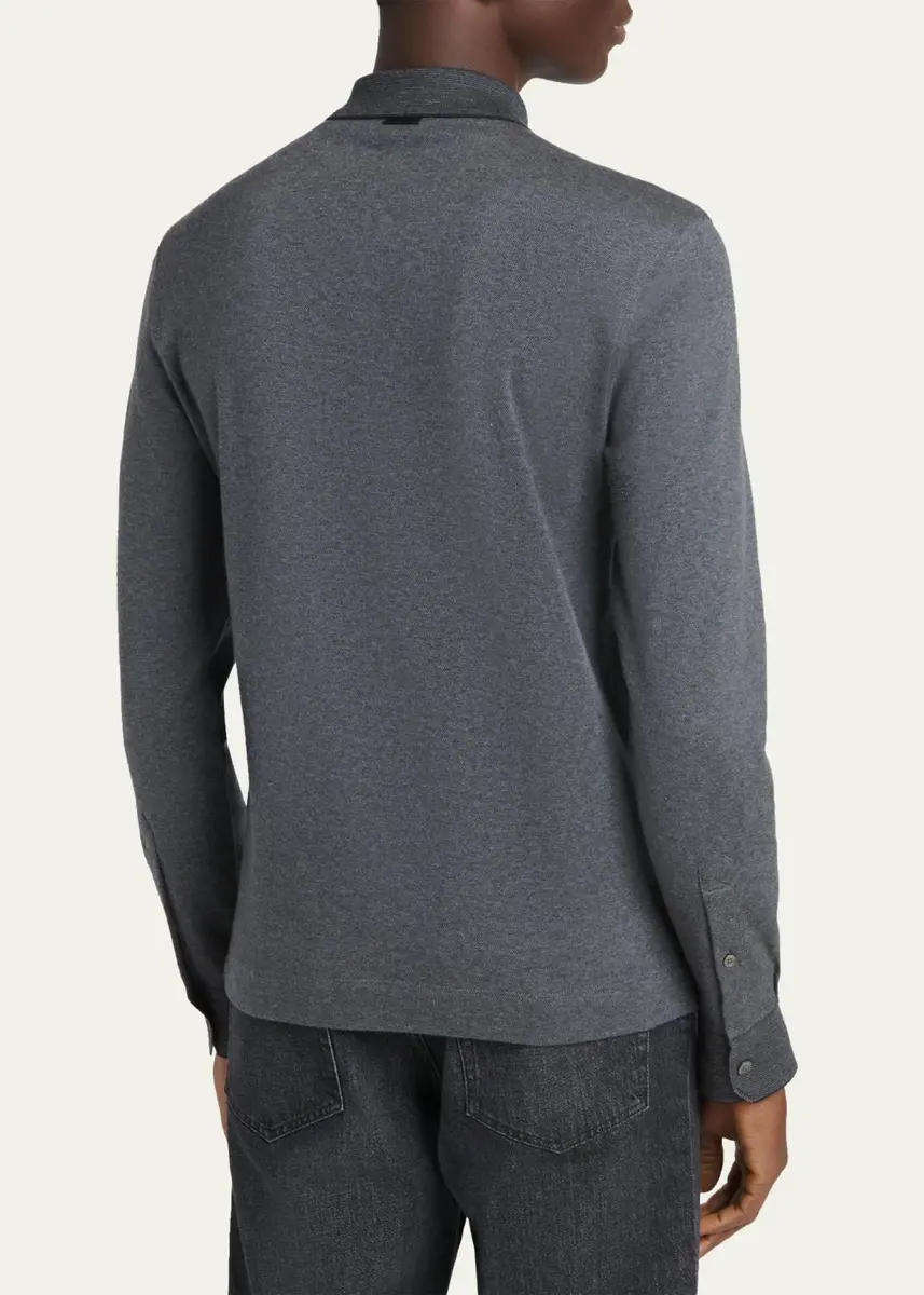 Zegna Men's Cotton Pique Long-Sleeve Polo Shirt | Thumbnail 3 Zegna Men's Cotton Pique Long-Sleeve Polo Shirt | Thumbnail 3