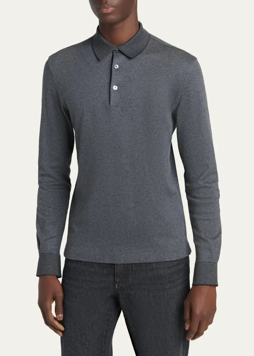 Zegna Men's Cotton Pique Long-Sleeve Polo Shirt | Thumbnail 4 Zegna Men's Cotton Pique Long-Sleeve Polo Shirt | Thumbnail 4