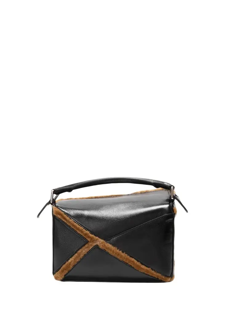 Loewe Puzzle Aviator Shearling-Trim Top-Handle Bag