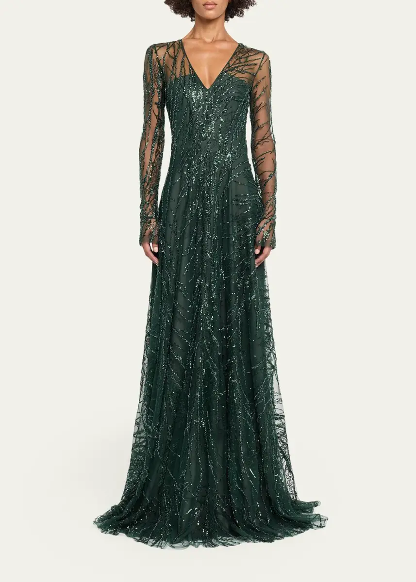 Naeem Khan Long-Sleeve Beaded Tulle A-Line Gown | Thumbnail 2 Naeem Khan Long-Sleeve Beaded Tulle A-Line Gown | Thumbnail 2