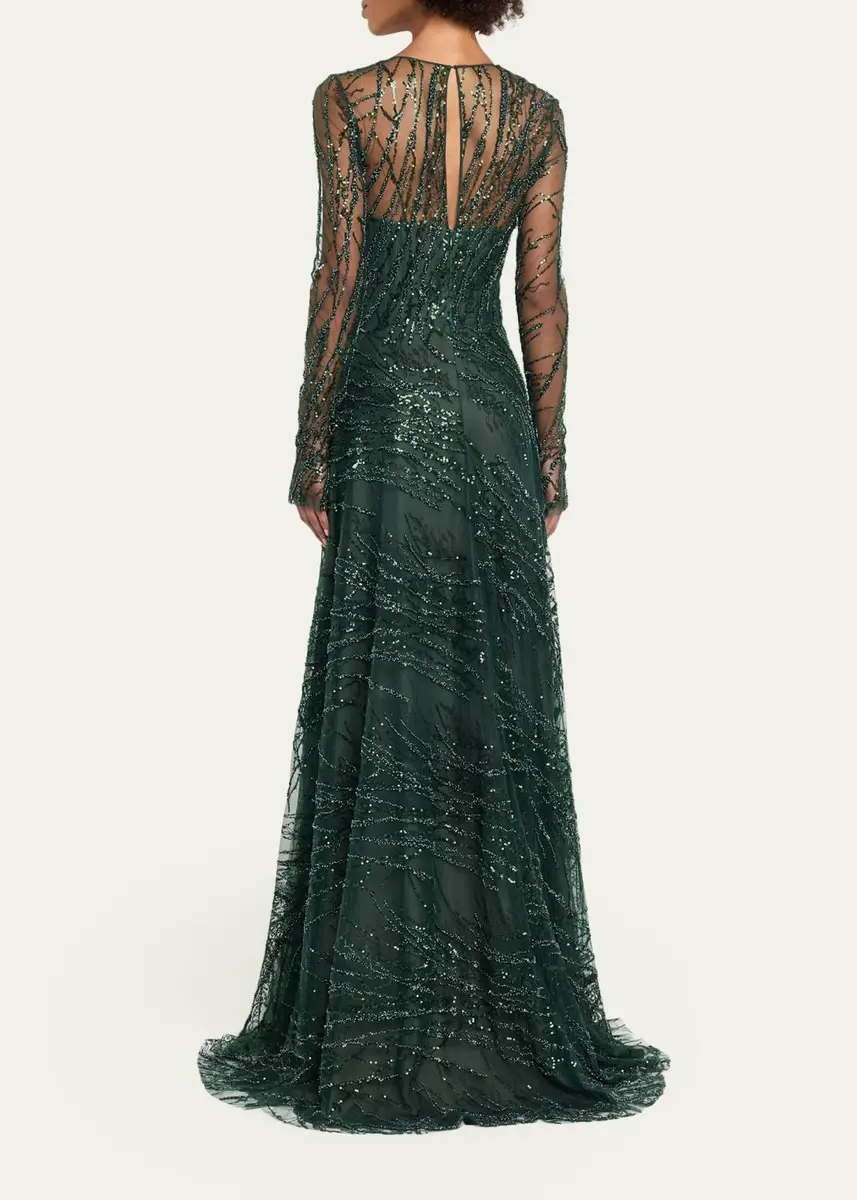 Naeem Khan Long-Sleeve Beaded Tulle A-Line Gown | Thumbnail 3 Naeem Khan Long-Sleeve Beaded Tulle A-Line Gown | Thumbnail 3
