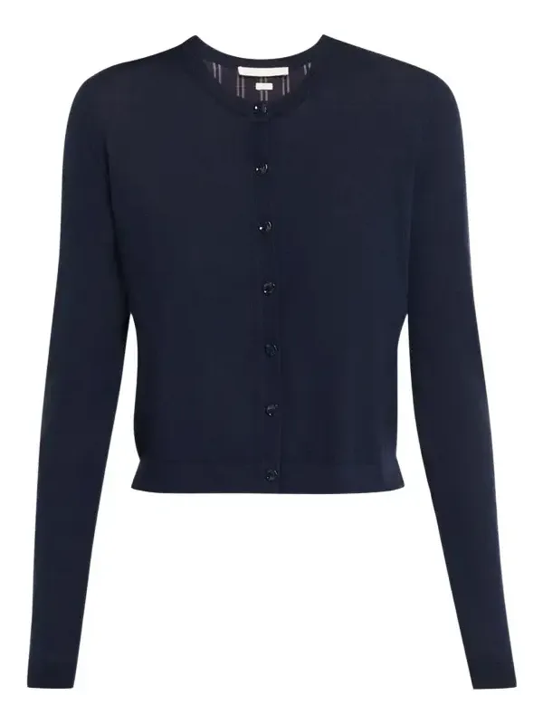 Striped-Panel Merino Wool Knit Crewneck Cardigan