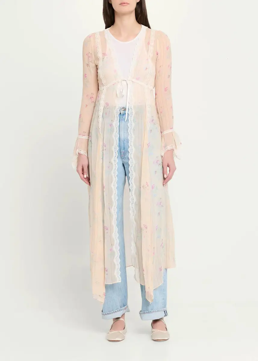LoveShackFancy Mariven Lace-Trim Floral Silk Duster Cardigan | Thumbnail 2 LoveShackFancy Mariven Lace-Trim Floral Silk Duster Cardigan | Thumbnail 2