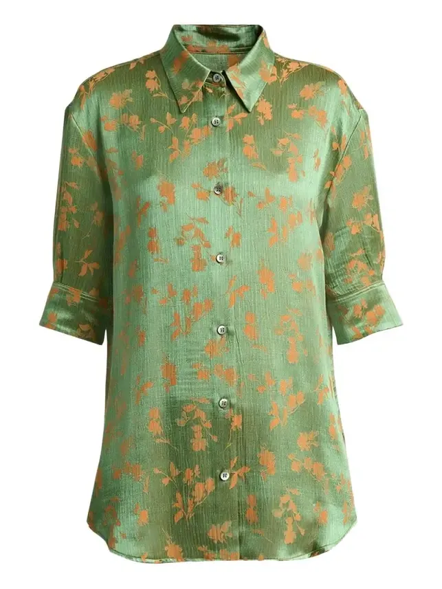 Floral Jacquard Elbow-Sleeve Button-Down Shirt Floral Jacquard Elbow-Sleeve Button-Down Shirt