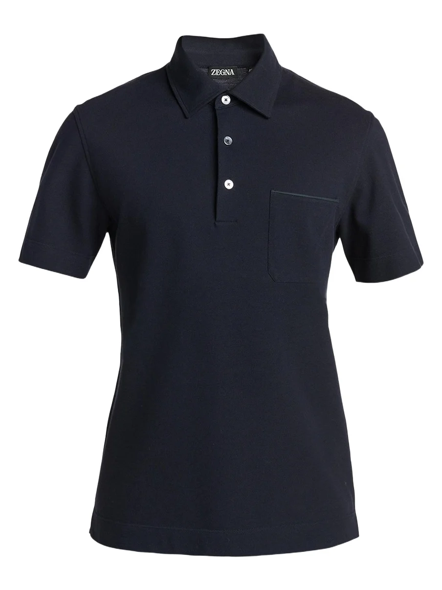 Zegna Men's Pique Polo Shirt with Leather-Trim Pocket