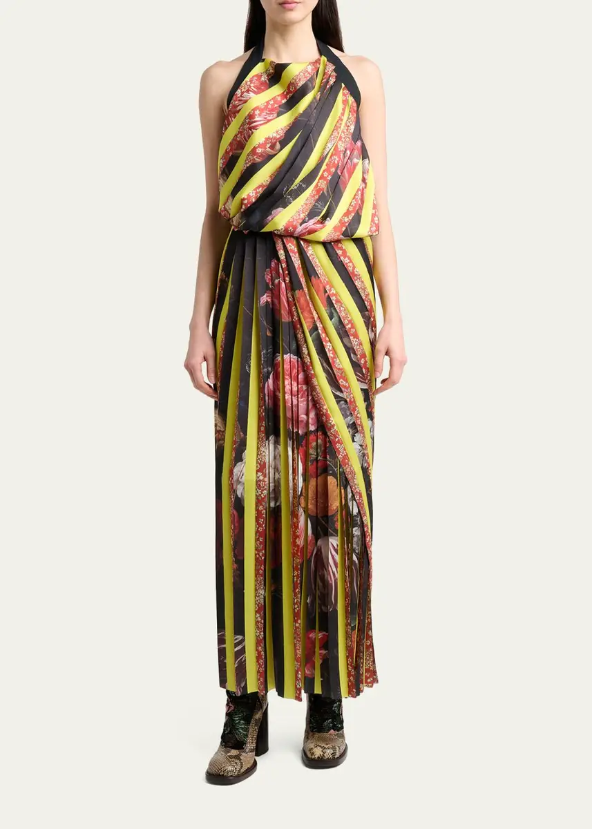 Dries Van Noten Darnot Mixed Print Pleated Halter Maxi Dress | Thumbnail 2 Dries Van Noten Darnot Mixed Print Pleated Halter Maxi Dress | Thumbnail 2