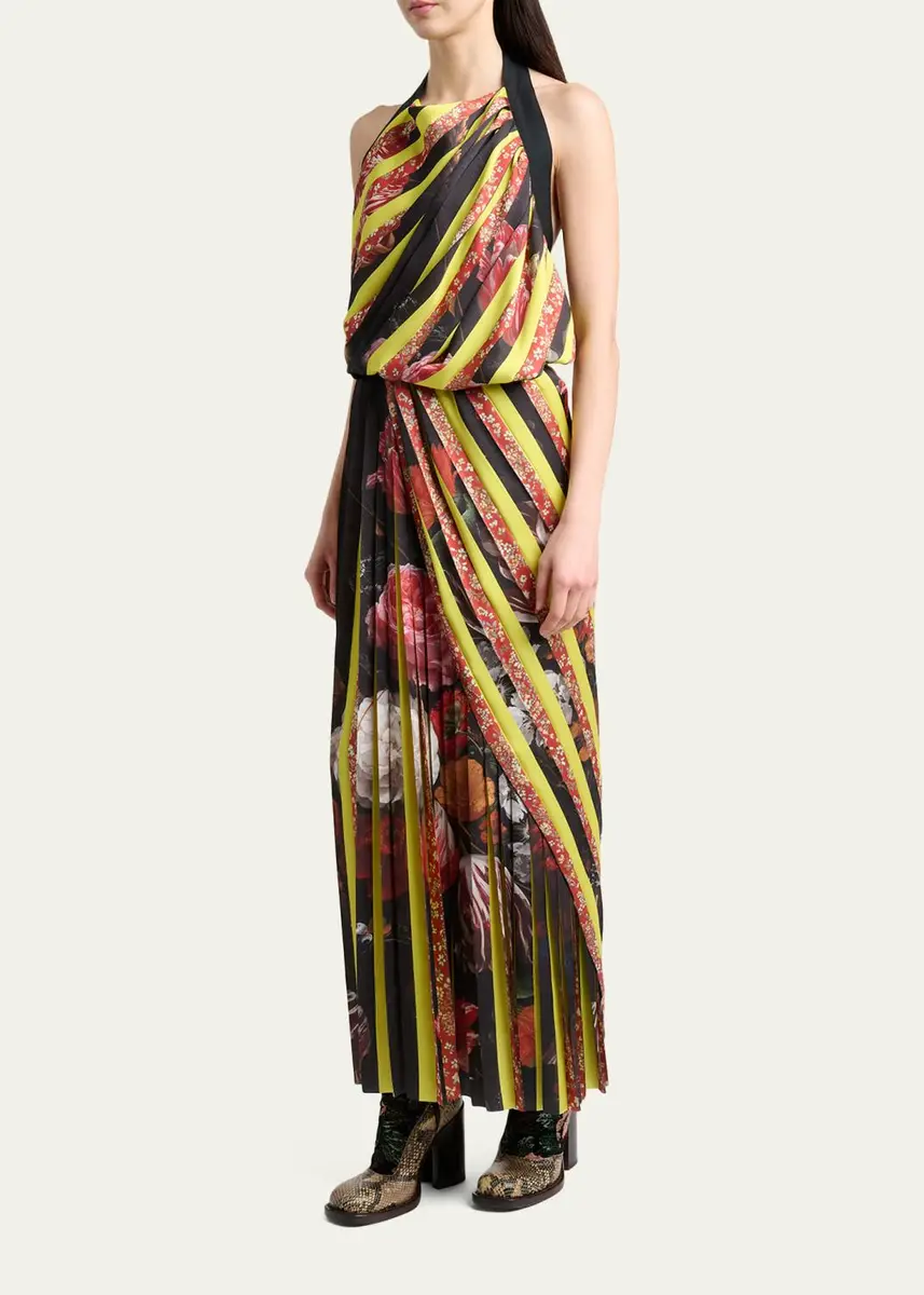 Dries Van Noten Darnot Mixed Print Pleated Halter Maxi Dress | Thumbnail 4 Dries Van Noten Darnot Mixed Print Pleated Halter Maxi Dress | Thumbnail 4