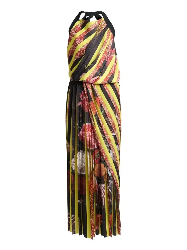 Darnot Mixed Print Pleated Halter Maxi Dress Darnot Mixed Print Pleated Halter Maxi Dress
