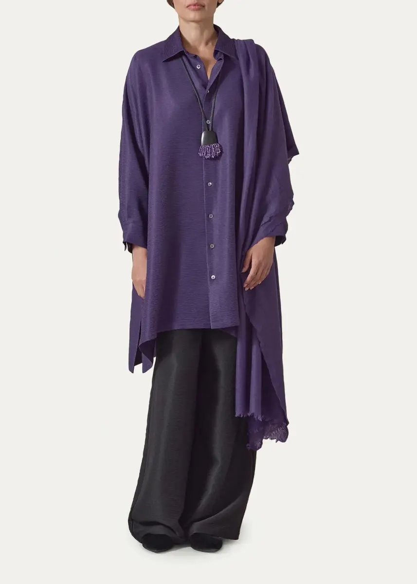Eskandar Wide A-Line Shirt With Collar - Very Long Length With Slits | Thumbnail 2