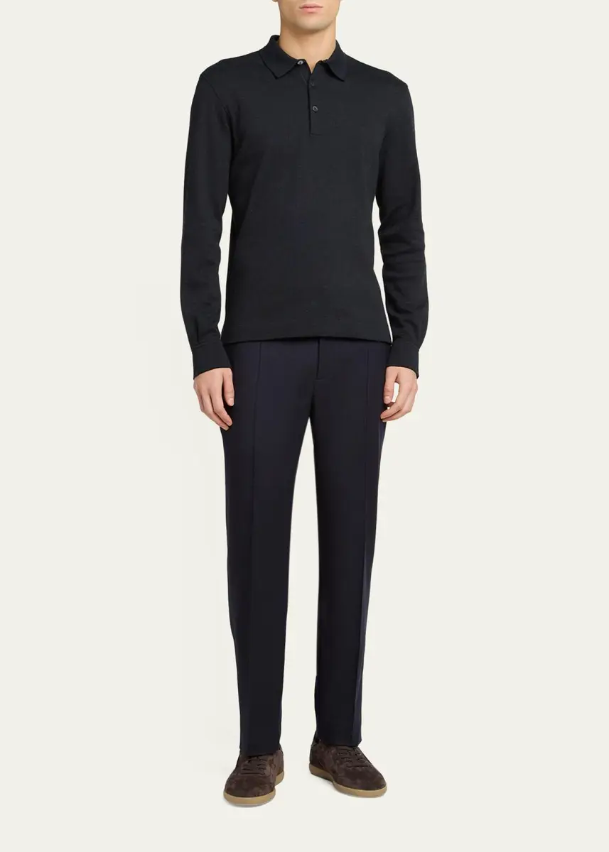 Zegna Men's Cotton Long-Sleeve Polo Shirt | Thumbnail 2 Zegna Men's Cotton Long-Sleeve Polo Shirt | Thumbnail 2