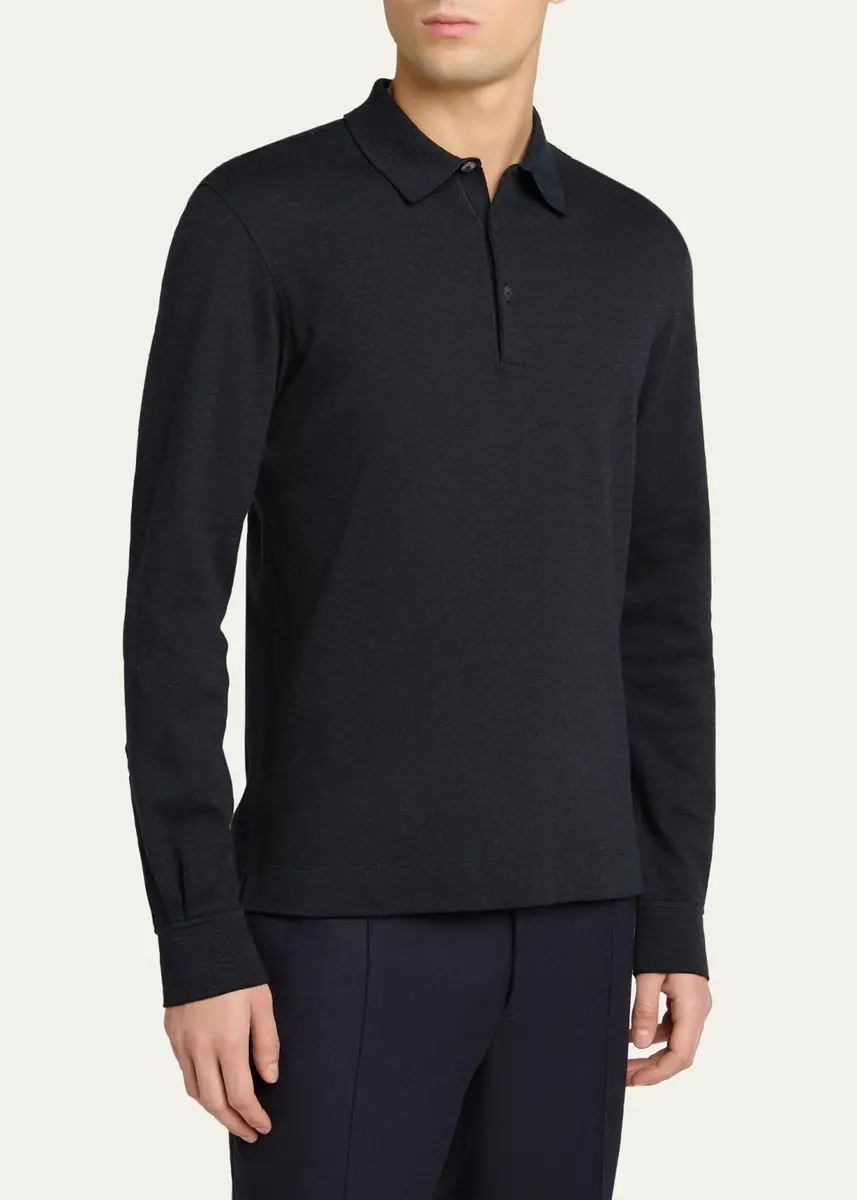 Zegna Men's Cotton Long-Sleeve Polo Shirt | Thumbnail 4 Zegna Men's Cotton Long-Sleeve Polo Shirt | Thumbnail 4