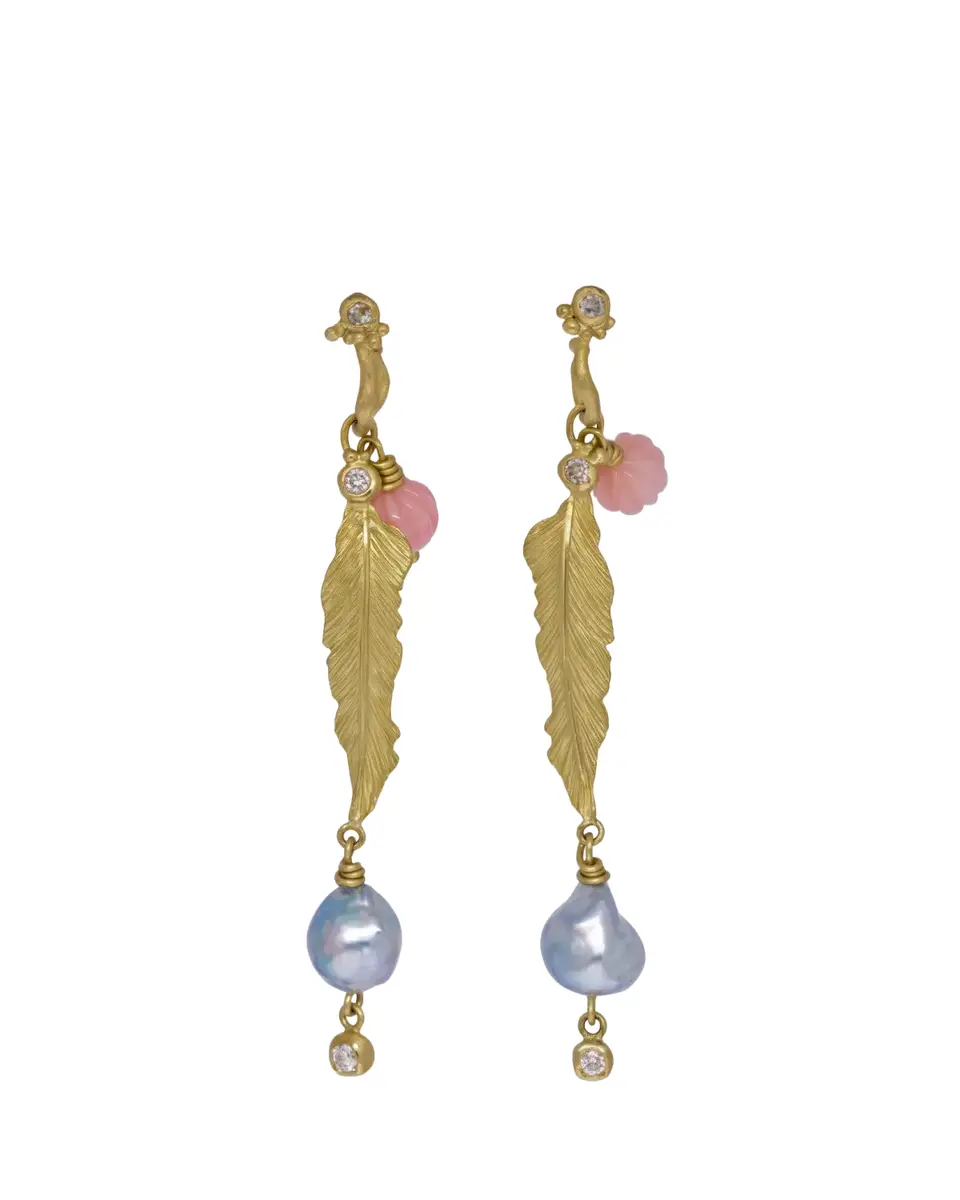 Lene Vibe 18K Gold Diamond, Pink Opal, and Pearl Feather Earrings | Thumbnail 2