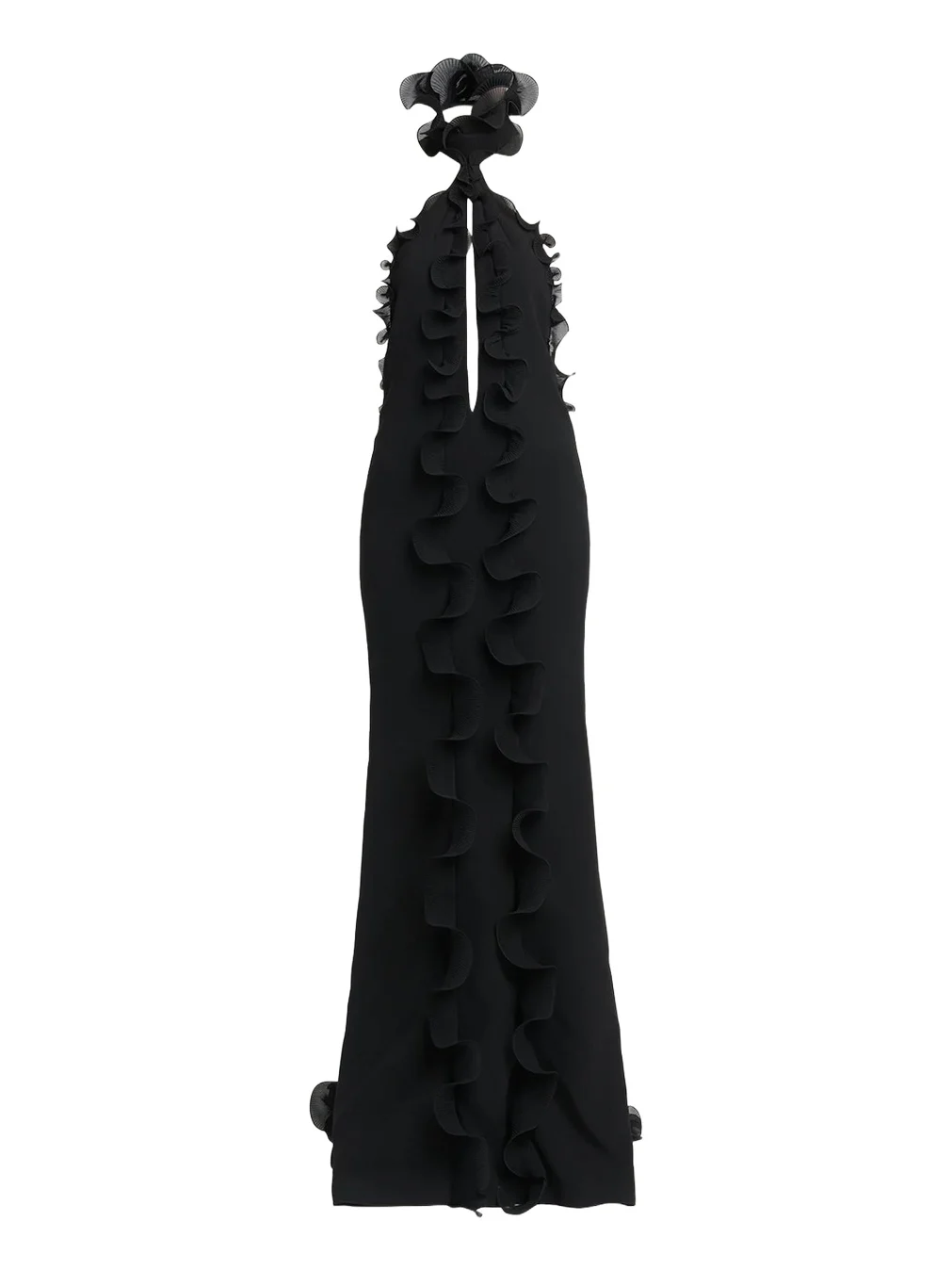 Silk Crepe Ruffled Halter Evening Dress