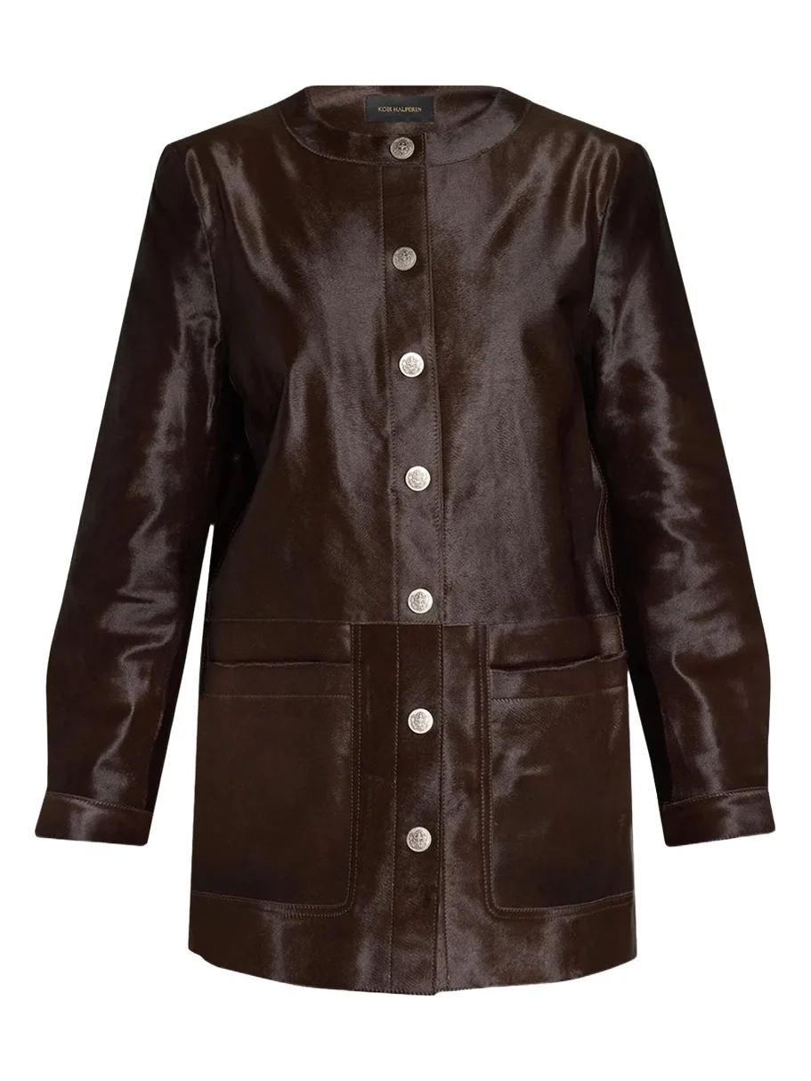 Lisa Leather & Calf Hair Button-Front Coat