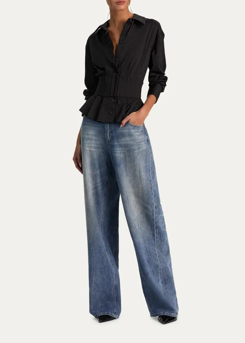 Alice + Olivia Edie Gathered Corset Button-Front Shirt | Thumbnail 2 Alice + Olivia Edie Gathered Corset Button-Front Shirt | Thumbnail 2