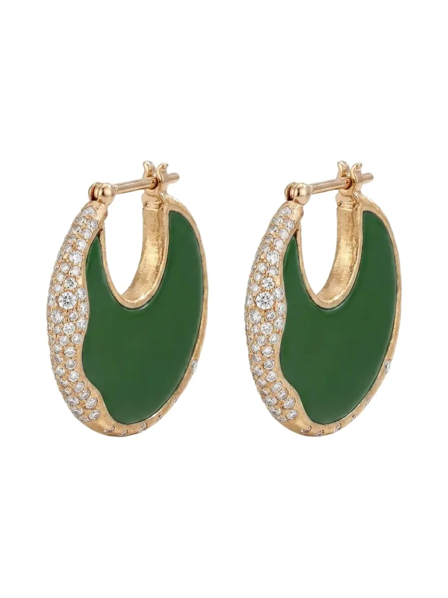 18K Diamond Armour Hoop Earrings with Green Enamel