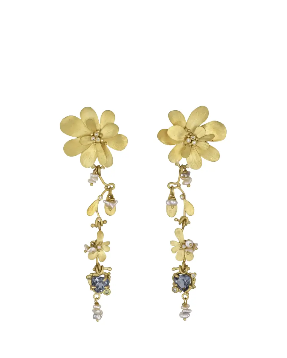 Lene Vibe 18K Gold Diamond and Pearl Petal Dangle Earrings | Thumbnail 2