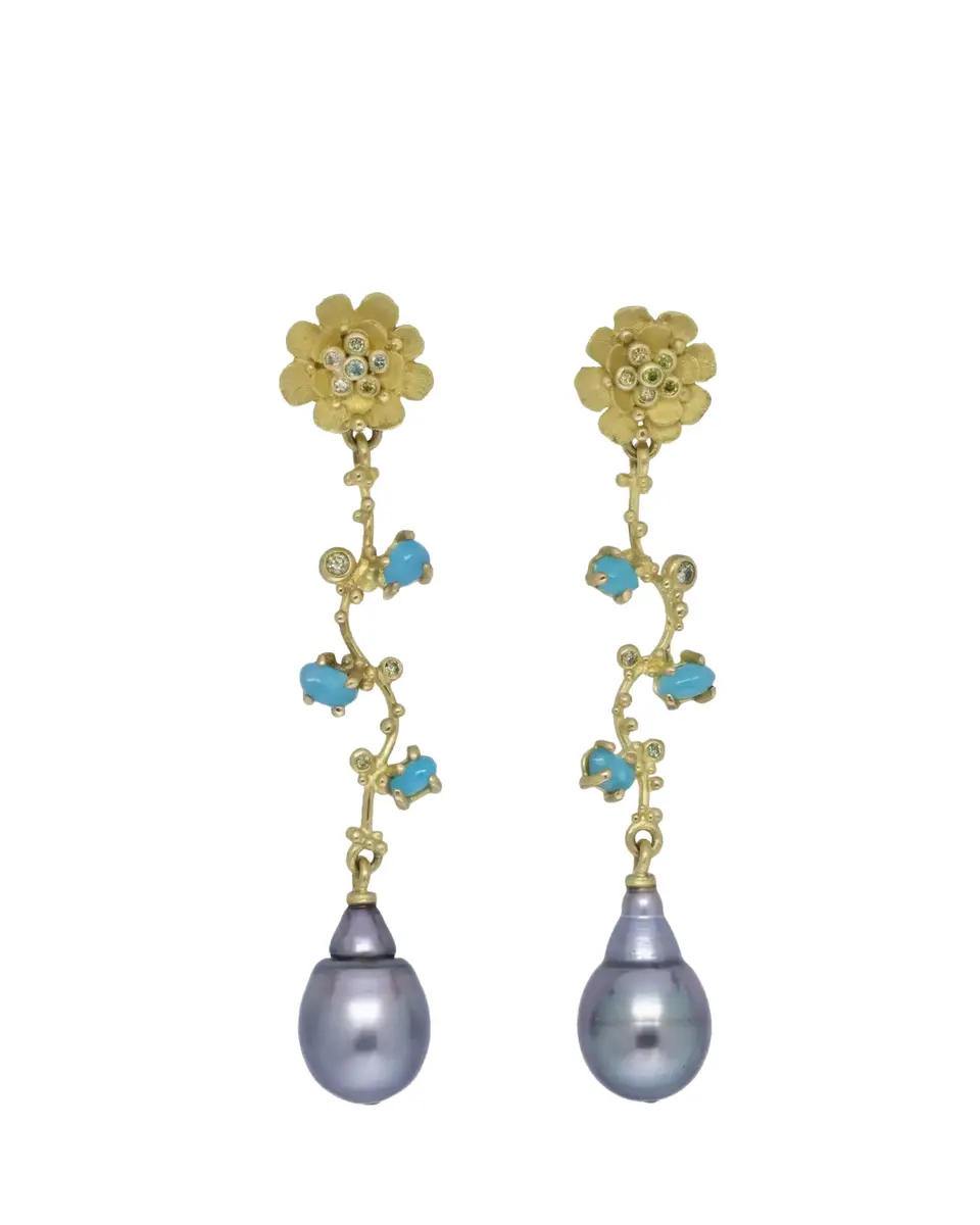 Lene Vibe 18K Gold Diamond Floral Dangle Earrings with Pearls | Thumbnail 2