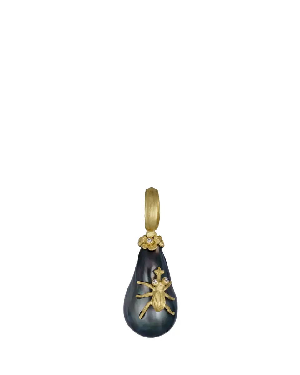 Lene Vibe 18K Gold Diamond Insect and Tahitian Pearl Pendant | Thumbnail 2