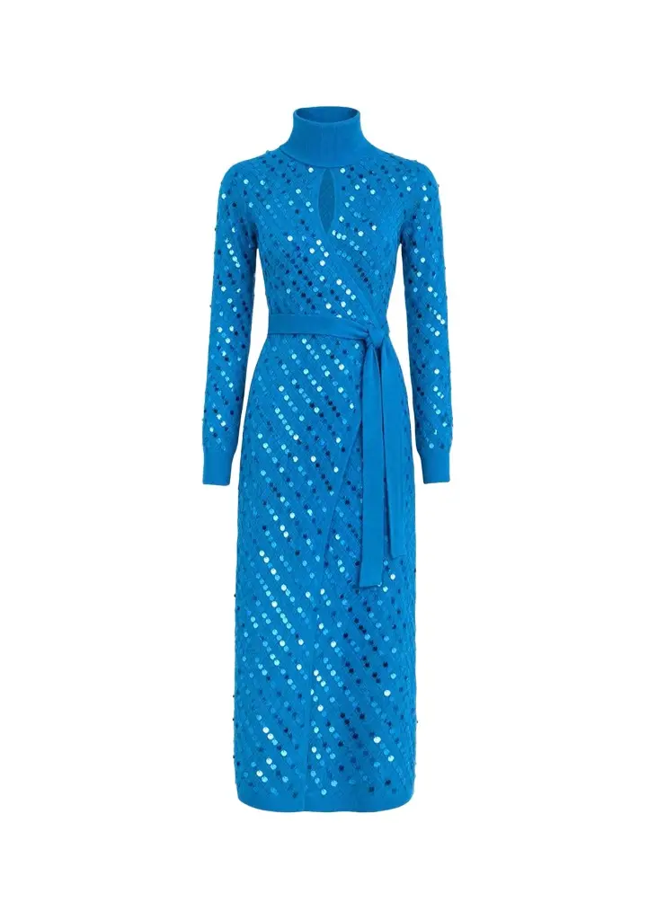 Diane von Furstenberg Fiona Paillette Pointelle Knit Maxi Wrap Dress