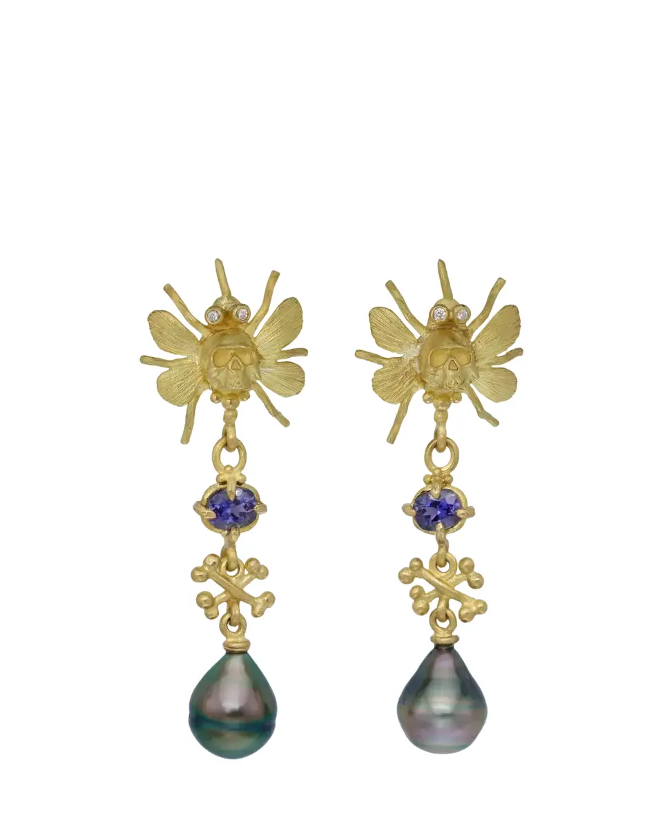 Lene Vibe 18K Gold Diamond and Pearl Skull Earrings | Thumbnail 2