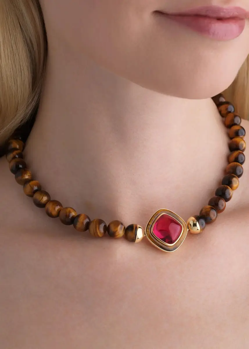 Emily P. Wheeler 18K Yellow Gold, Rubellite Cabochon & Tiger's Eye Beaded Necklace | Thumbnail 2