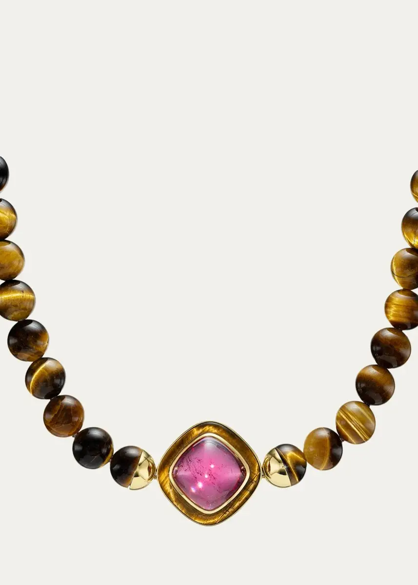 Emily P. Wheeler 18K Yellow Gold, Rubellite Cabochon & Tiger's Eye Beaded Necklace | Thumbnail 3