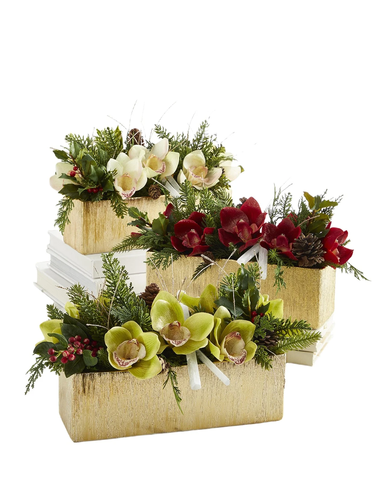 T & C Floral Company Holiday Orchids Faux Floral Arrangement with Gold Rectangle Container