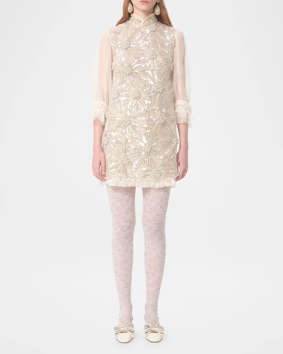 Valentino Garavani Floral Sequined Sheer Lace-Sleeve Mini Dress | Thumbnail 4 Valentino Garavani Floral Sequined Sheer Lace-Sleeve Mini Dress | Thumbnail 4