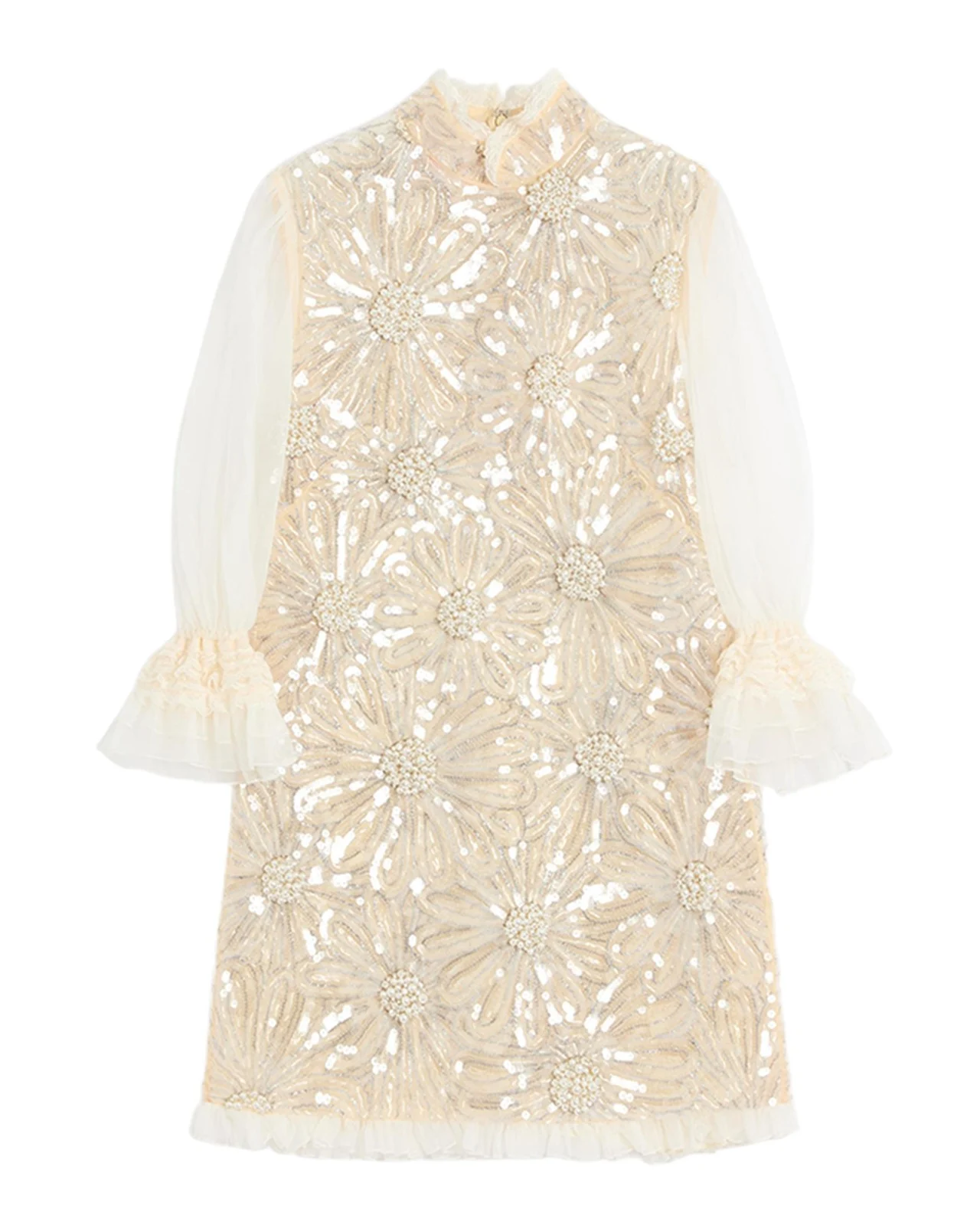 Valentino Garavani Floral Sequined Sheer Lace-Sleeve Mini Dress
