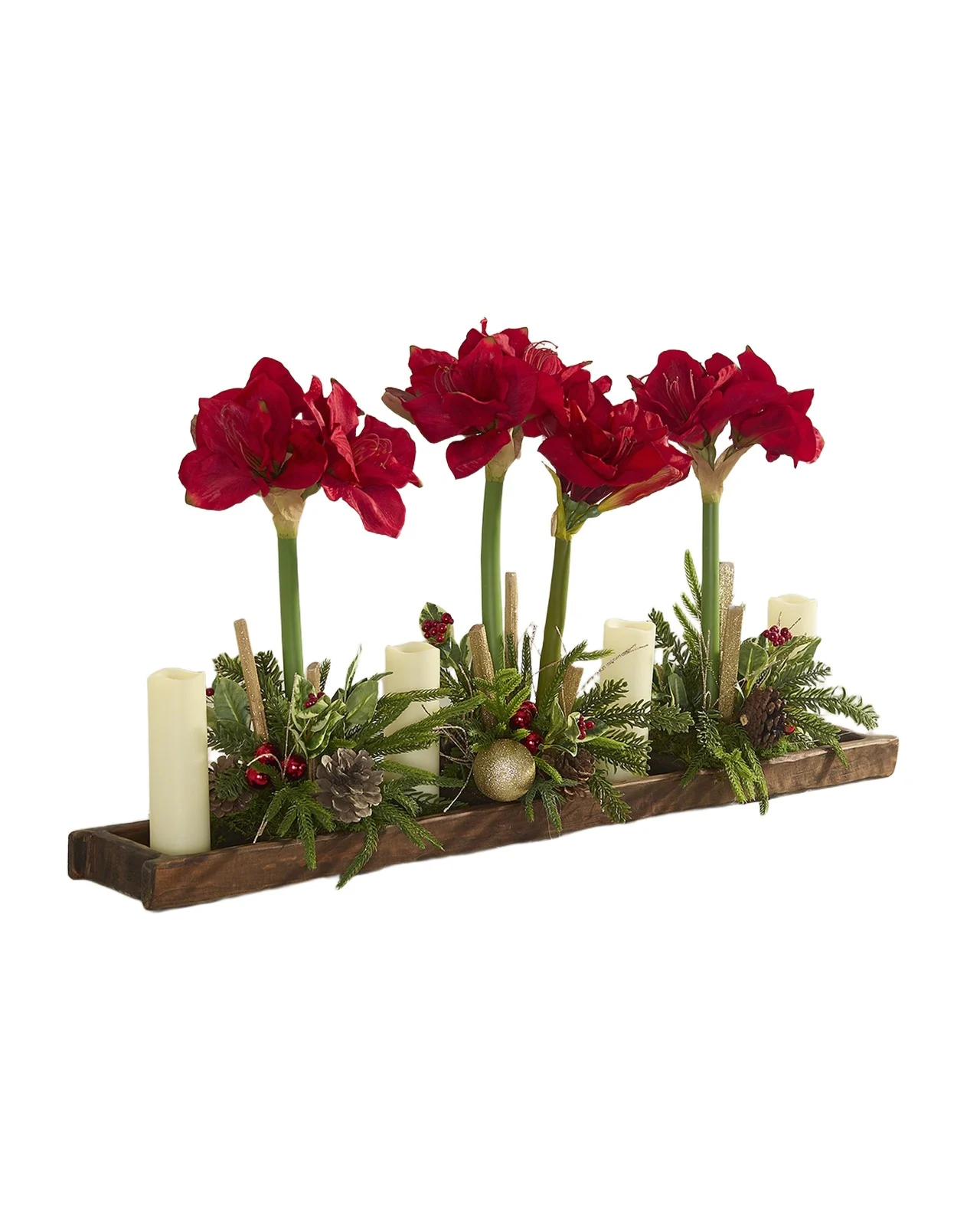 T & C Floral Company Amaryllis 37" Faux Floral Arrangement in Wood Tray with Candles