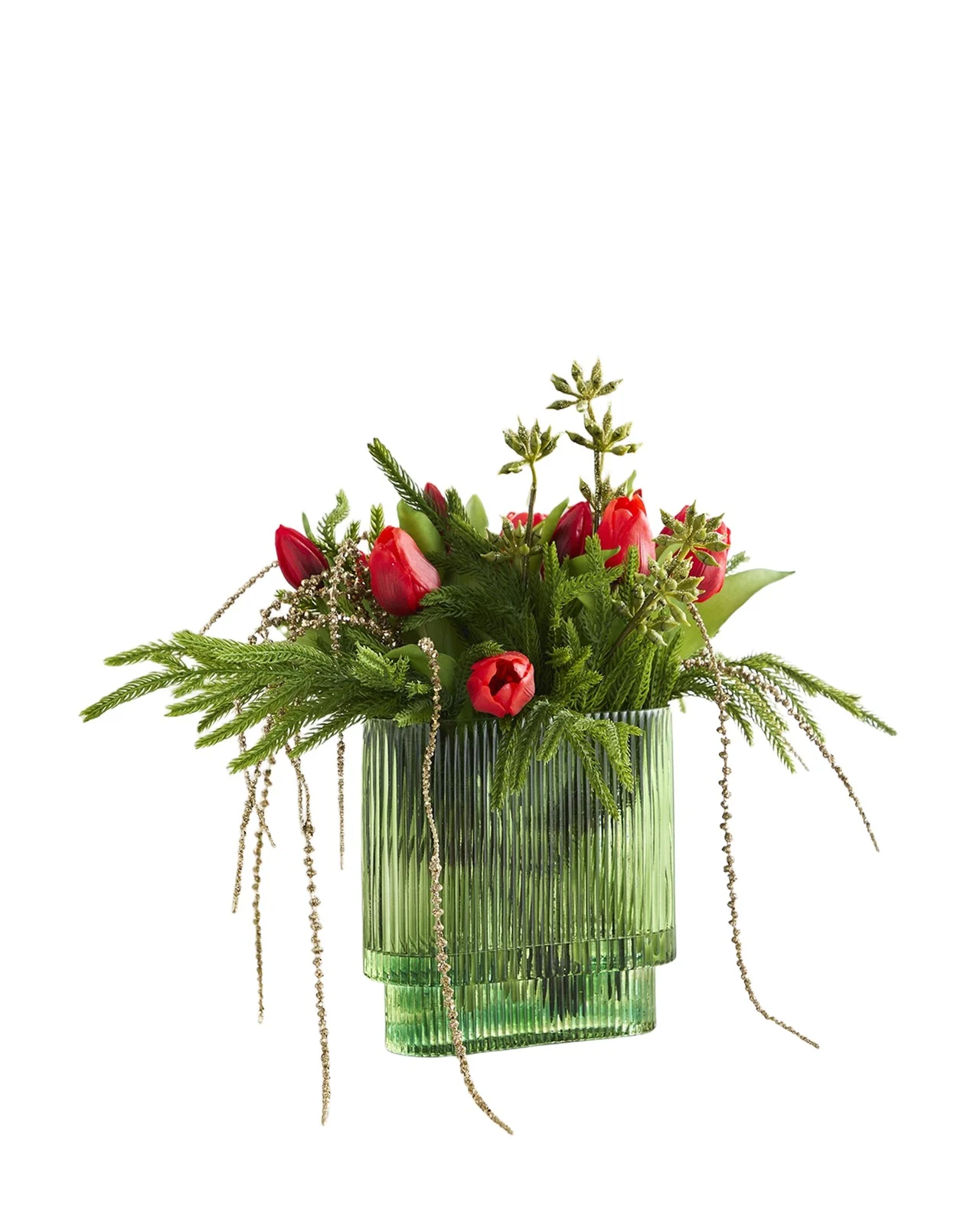 T & C Floral Company Red Tulips 17" Faux Floral Arrangement in Green Glass Vase