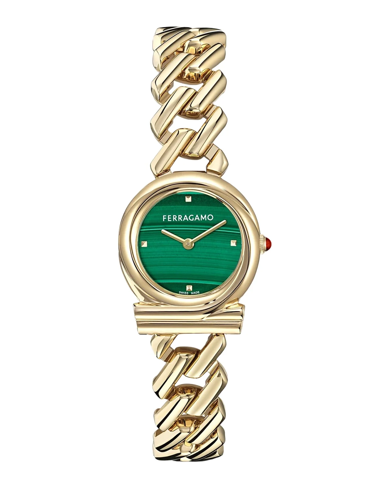 Ferragamo Gancini Twisted Chain IP Yellow Gold Green Malachite Dial Watch/28MM
