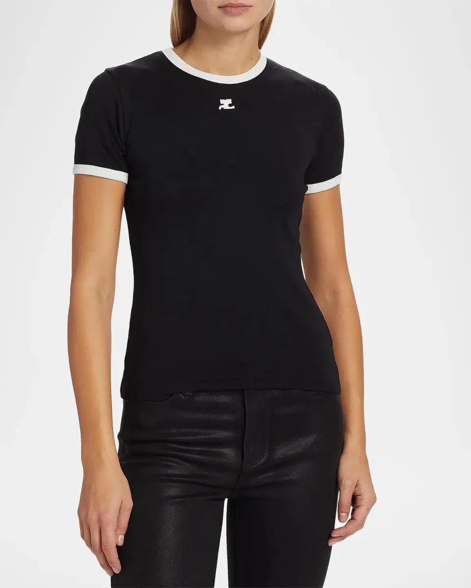 Courrèges Logo-Embroidered Cotton T-Shirt with Tipping | Thumbnail 4 Courrèges Logo-Embroidered Cotton T-Shirt with Tipping | Thumbnail 4